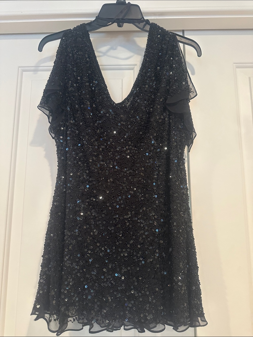 Adrianna Papell Black Sequin V-Neck Mini Dress